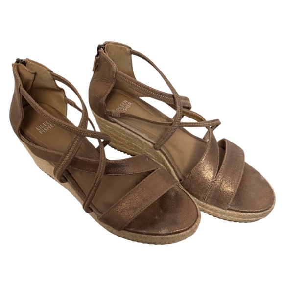 EILEEN FISHER “Wanda” Champagne Metallic Suede Espadrille Size 9 - Picture 2 of 5